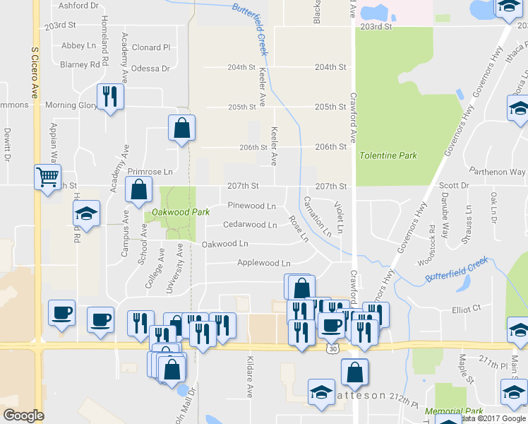 map of restaurants, bars, coffee shops, grocery stores, and more near 4217 Pinewood Lane in Matteson