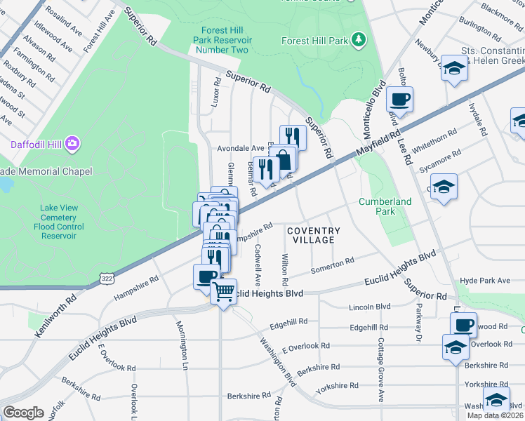 map of restaurants, bars, coffee shops, grocery stores, and more near 2866 Mayfield Road in Cleveland Heights