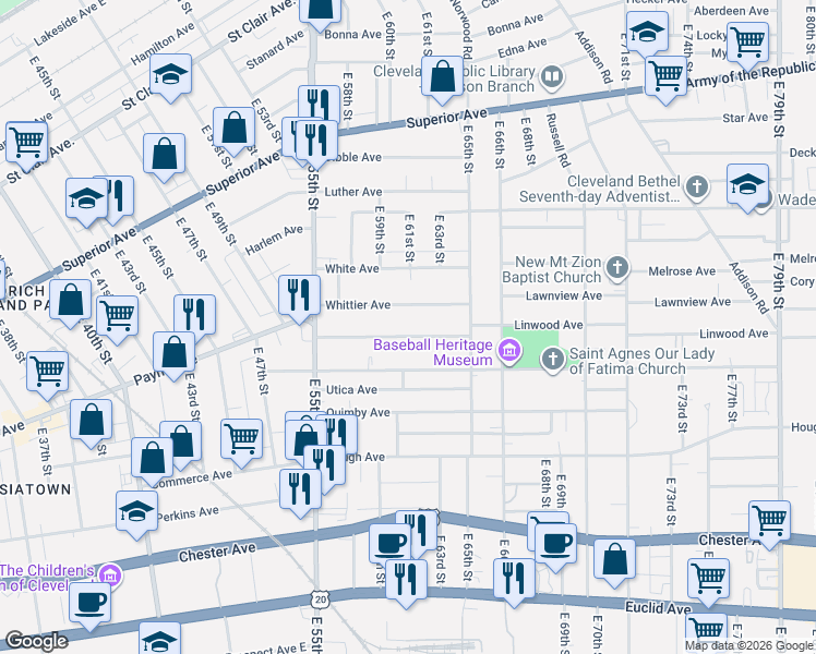 map of restaurants, bars, coffee shops, grocery stores, and more near 5904 Whittier Avenue in Cleveland