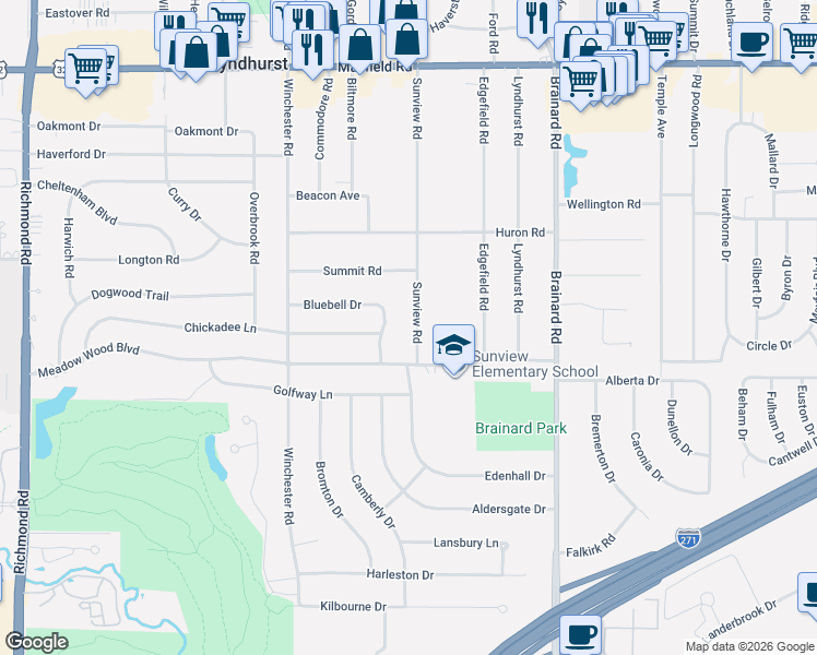 map of restaurants, bars, coffee shops, grocery stores, and more near 1735 Larkspur Drive in Lyndhurst