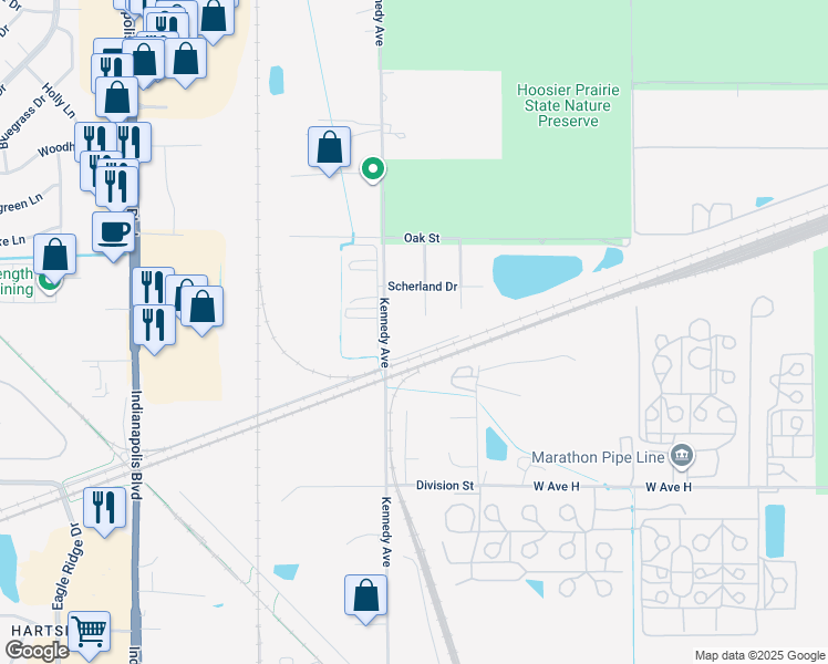 map of restaurants, bars, coffee shops, grocery stores, and more near 544 Spivak Drive in Schererville