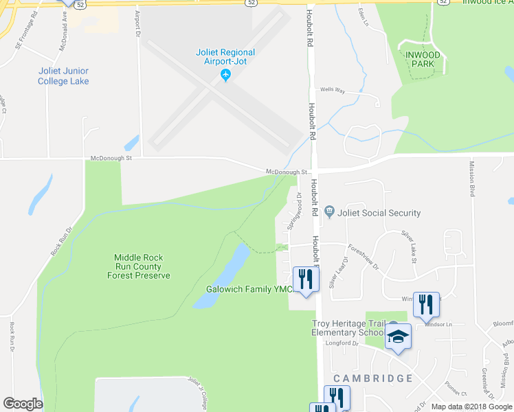 map of restaurants, bars, coffee shops, grocery stores, and more near Rock Run Trail in Joliet
