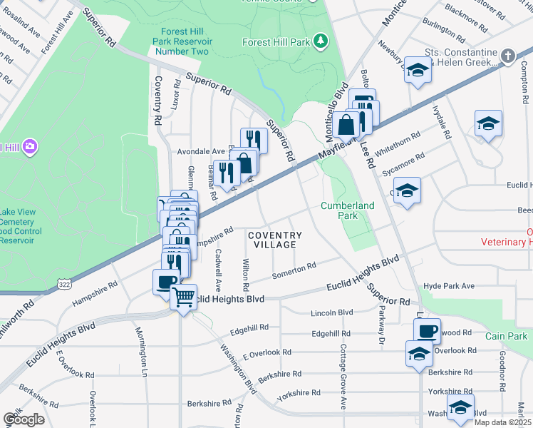 map of restaurants, bars, coffee shops, grocery stores, and more near 1741 Middlehurst Road in Cleveland Heights