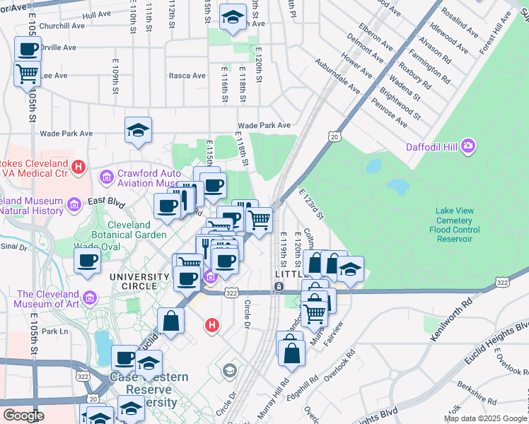 map of restaurants, bars, coffee shops, grocery stores, and more near 11805 Euclid Avenue in Cleveland