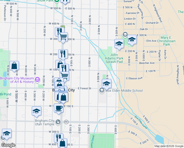 map of restaurants, bars, coffee shops, grocery stores, and more near 238 East 100 North in Brigham City