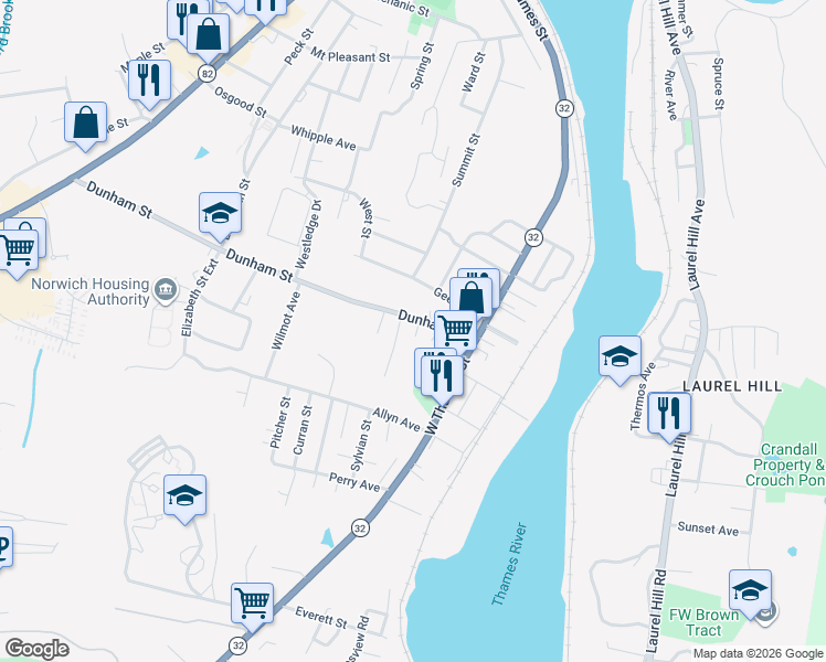 map of restaurants, bars, coffee shops, grocery stores, and more near 44 Dunham Street in Norwich