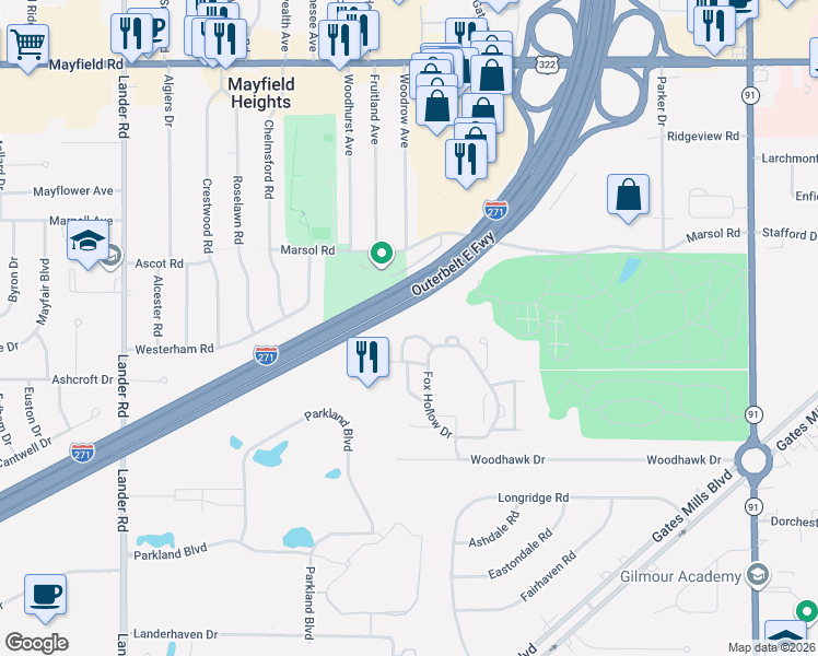 map of restaurants, bars, coffee shops, grocery stores, and more near 216 Teal Trace Drive in Mayfield Heights