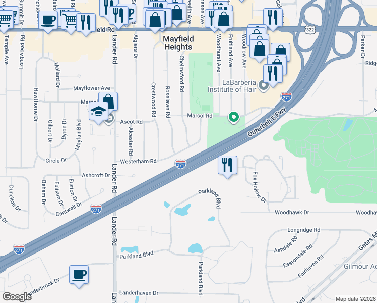 map of restaurants, bars, coffee shops, grocery stores, and more near 1760 Chelmsford Road in Mayfield Heights