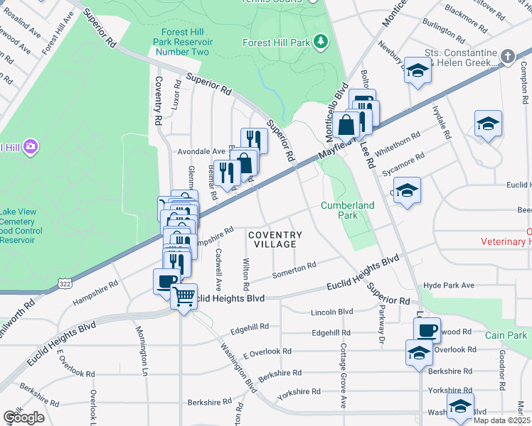 map of restaurants, bars, coffee shops, grocery stores, and more near 1741 Middlehurst Road in Cleveland Heights
