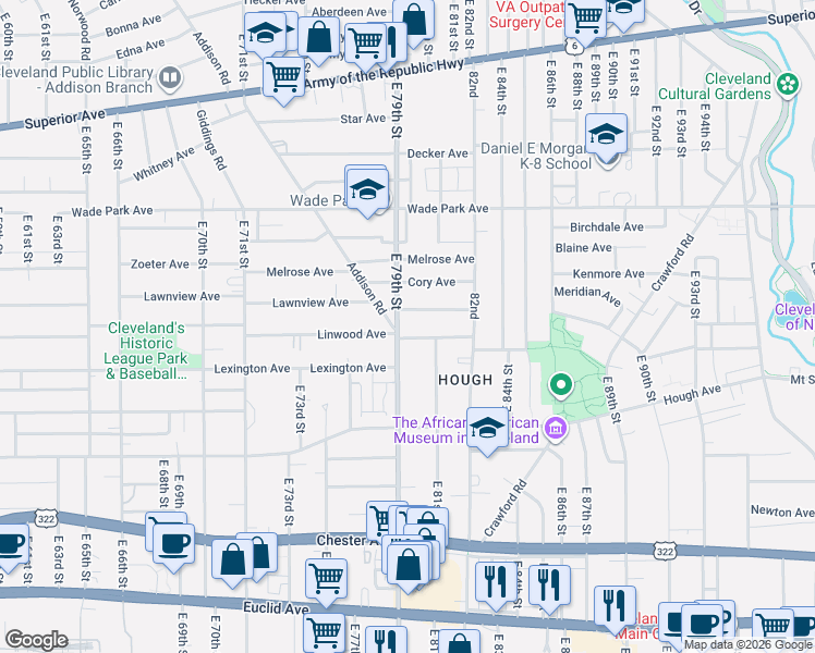 map of restaurants, bars, coffee shops, grocery stores, and more near 8008 Whitethorn Avenue in Cleveland