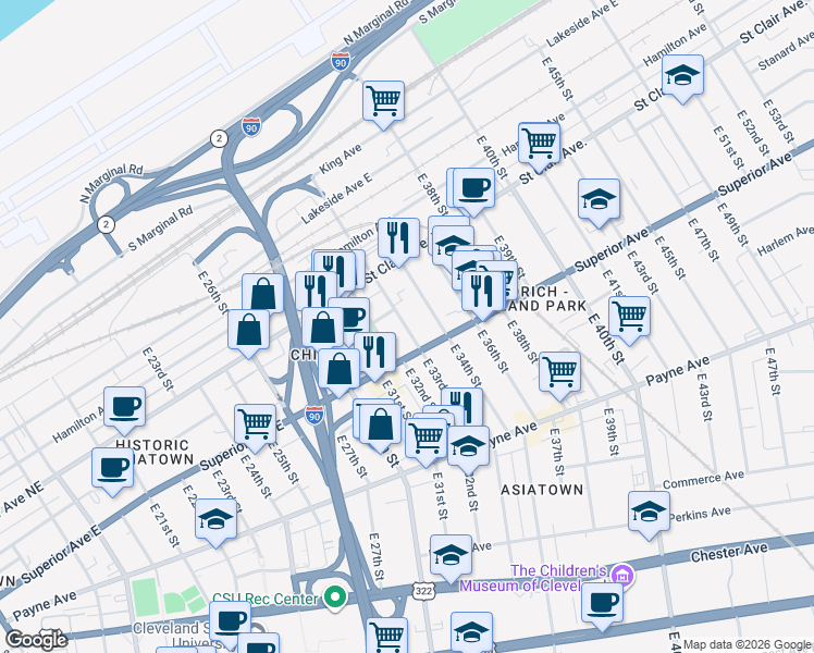 map of restaurants, bars, coffee shops, grocery stores, and more near 1410 East 33rd Street in Cleveland