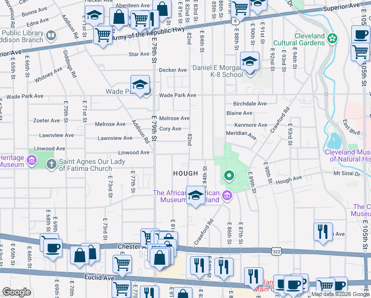 map of restaurants, bars, coffee shops, grocery stores, and more near 8114 Whitethorn Avenue in Cleveland