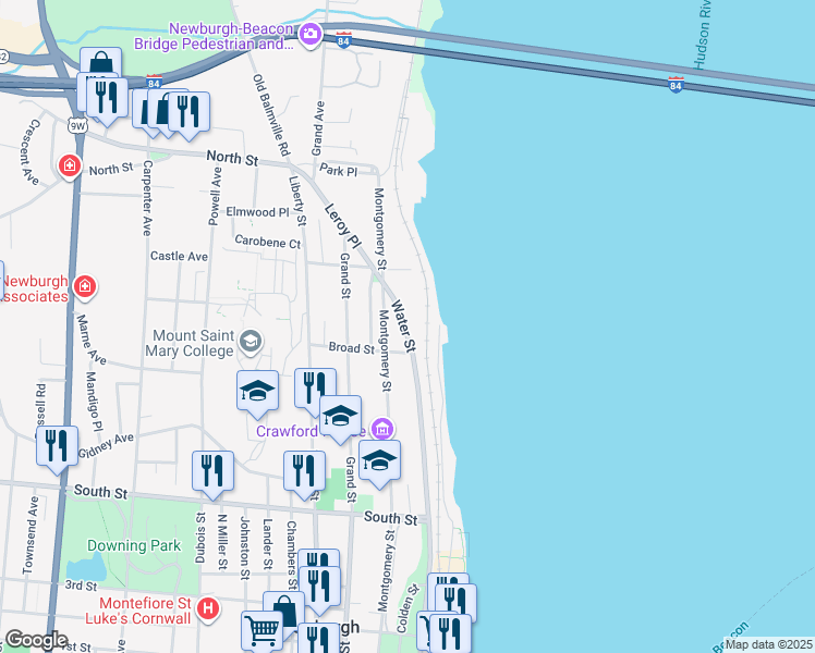 map of restaurants, bars, coffee shops, grocery stores, and more near 207 Water Street in Newburgh