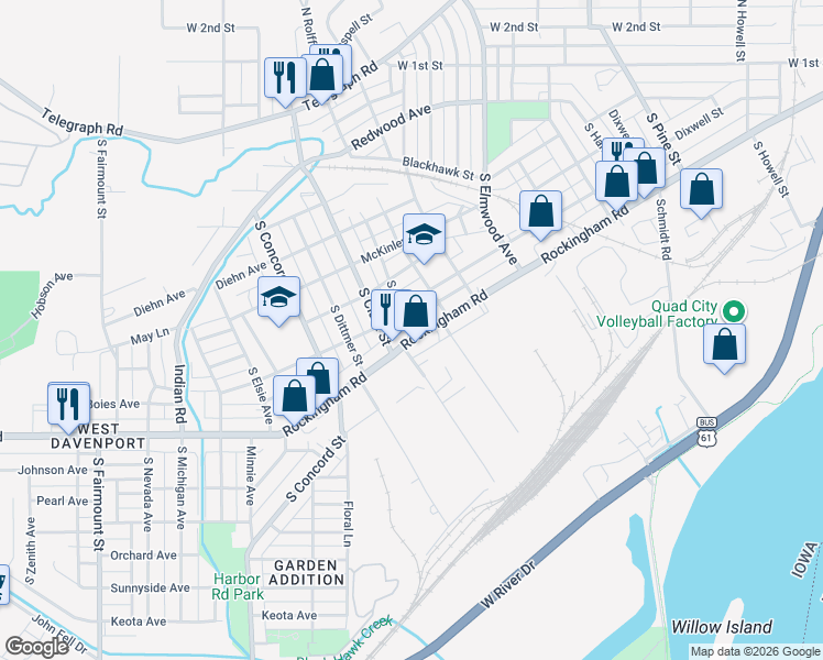 map of restaurants, bars, coffee shops, grocery stores, and more near 2728 Rockingham Road in Davenport