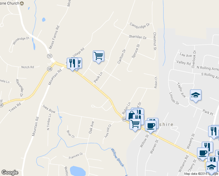 map of restaurants, bars, coffee shops, grocery stores, and more near 46 Westmore Road in Cheshire