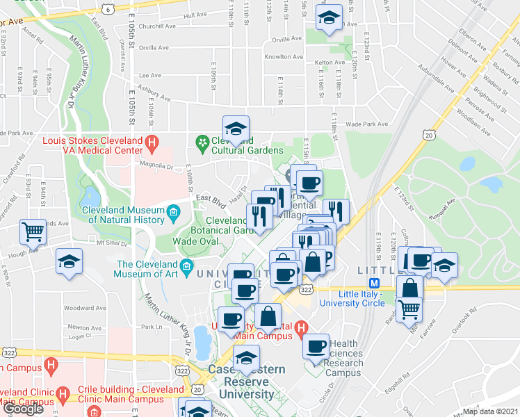 map of restaurants, bars, coffee shops, grocery stores, and more near 11311 Juniper Road in Cleveland