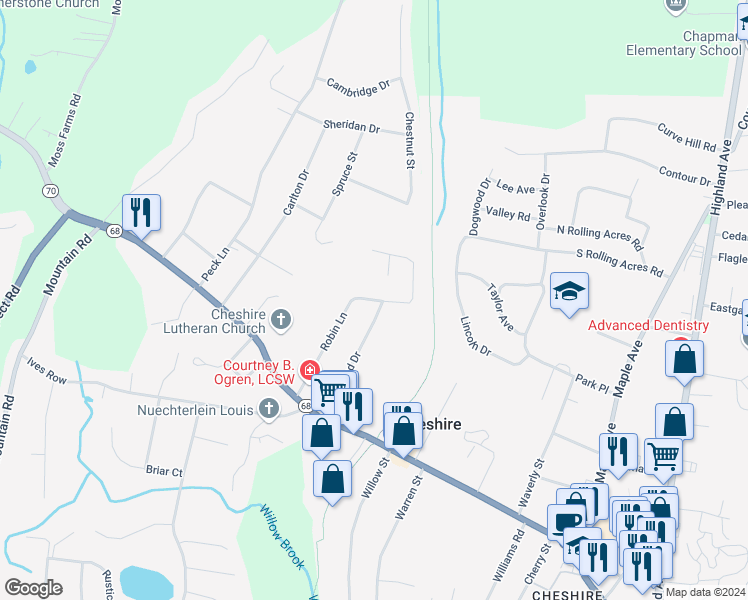 map of restaurants, bars, coffee shops, grocery stores, and more near 260 Robin Lane in Cheshire