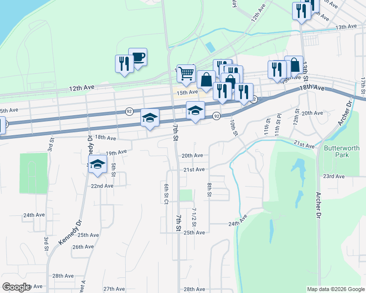 map of restaurants, bars, coffee shops, grocery stores, and more near 1800 7th Street in East Moline