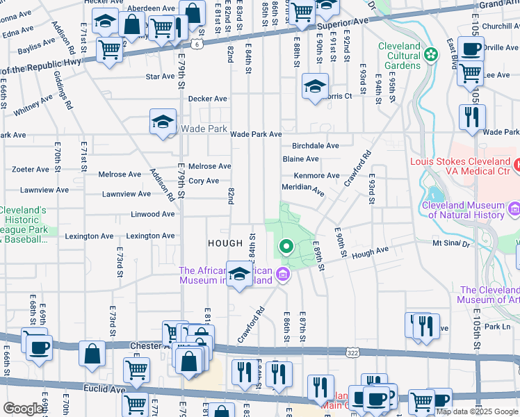 map of restaurants, bars, coffee shops, grocery stores, and more near 1622 East 85th Street in Cleveland