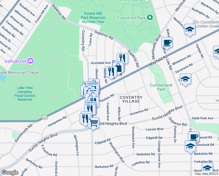 map of restaurants, bars, coffee shops, grocery stores, and more near 2866 Mayfield Road in Cleveland Heights