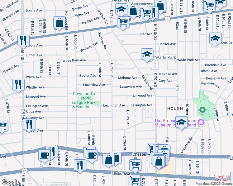 map of restaurants, bars, coffee shops, grocery stores, and more near 7113 Linwood Avenue in Cleveland