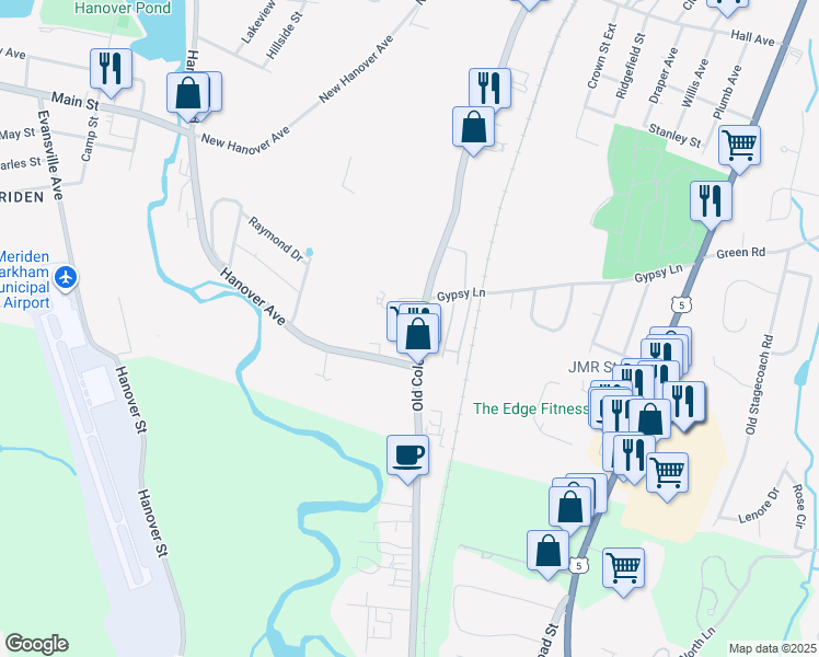 map of restaurants, bars, coffee shops, grocery stores, and more near 1027 Old Colony Road in Meriden
