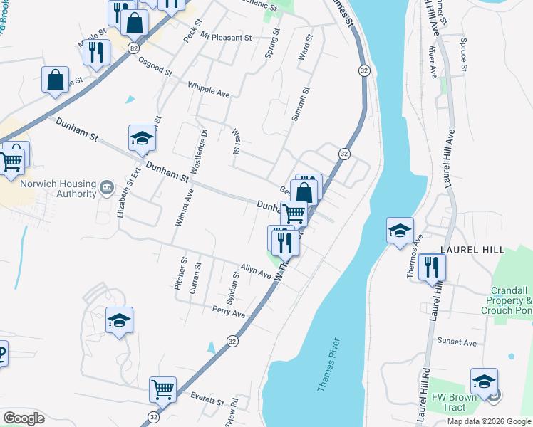 map of restaurants, bars, coffee shops, grocery stores, and more near 44 Dunham Street in Norwich