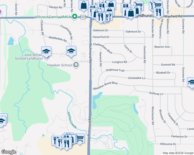 map of restaurants, bars, coffee shops, grocery stores, and more near 5105 Dogwood Trail in Cleveland