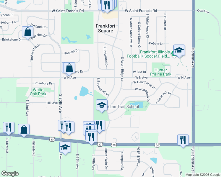 map of restaurants, bars, coffee shops, grocery stores, and more near 20738 South Frankfort Square Road in Frankfort