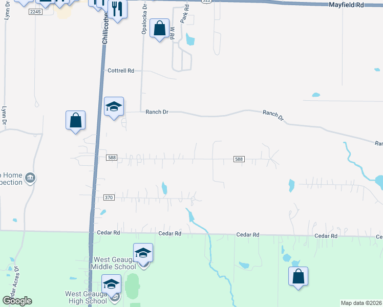 map of restaurants, bars, coffee shops, grocery stores, and more near 8712 Camelot Drive in Chesterland