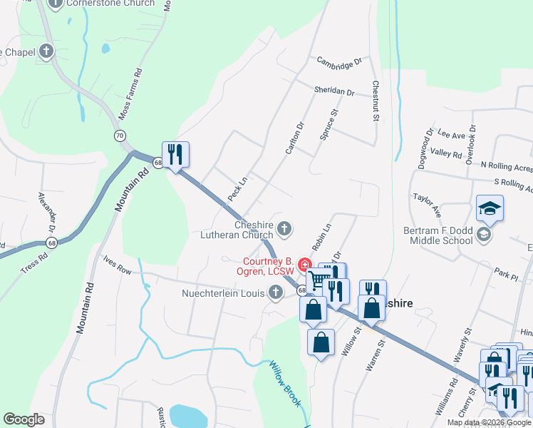 map of restaurants, bars, coffee shops, grocery stores, and more near 46 Westmore Road in Cheshire