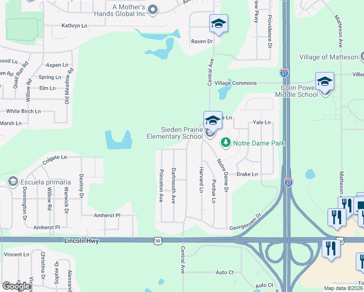 map of restaurants, bars, coffee shops, grocery stores, and more near 5600 Colgate Lane in Matteson