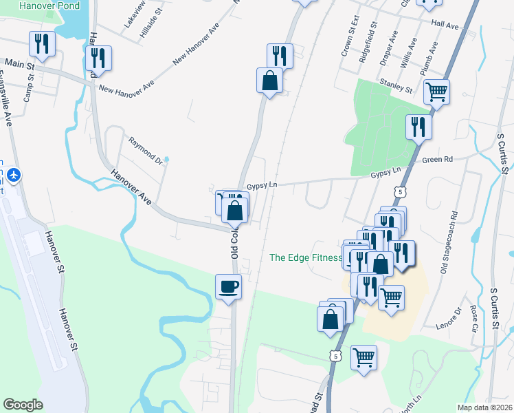 map of restaurants, bars, coffee shops, grocery stores, and more near 1012 Old Colony Road in Meriden