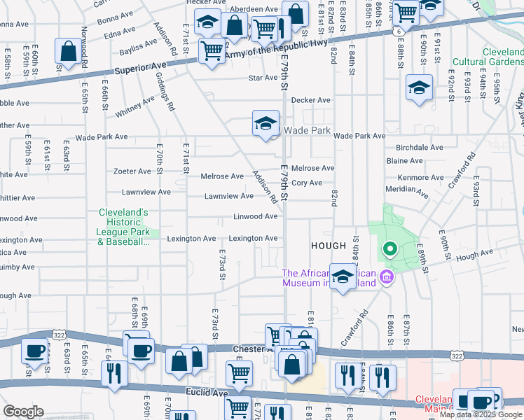 map of restaurants, bars, coffee shops, grocery stores, and more near 1580 Addison Road in Cleveland
