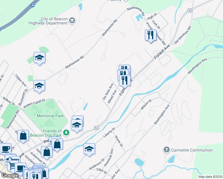map of restaurants, bars, coffee shops, grocery stores, and more near 40 De Soto Avenue in Beacon