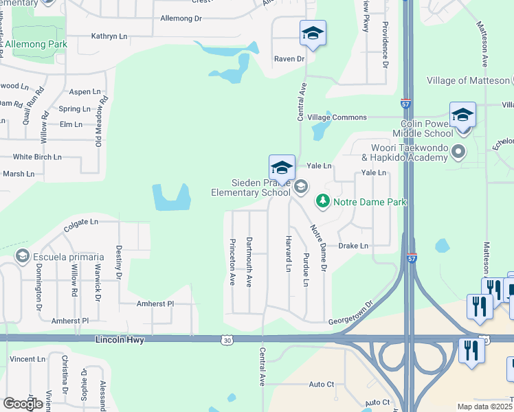 map of restaurants, bars, coffee shops, grocery stores, and more near 5608 Colgate Lane in Matteson