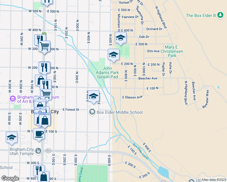 map of restaurants, bars, coffee shops, grocery stores, and more near 520 East 100 North in Brigham City