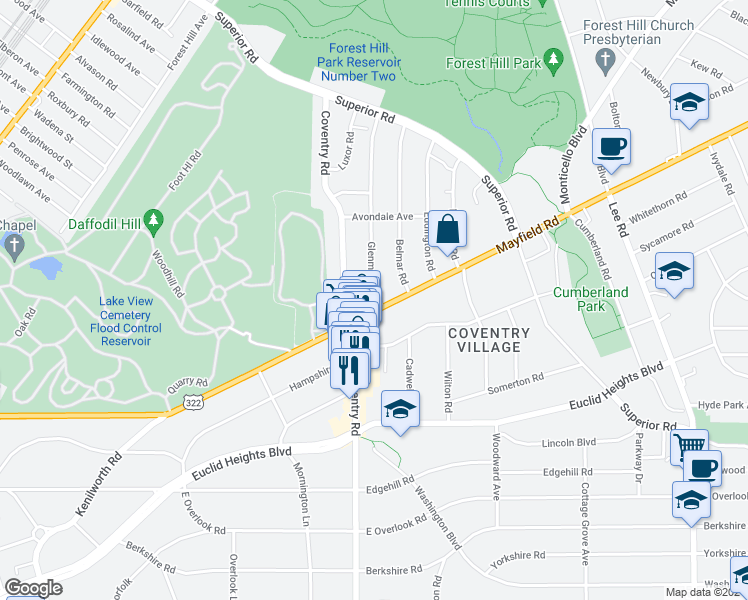map of restaurants, bars, coffee shops, grocery stores, and more near 1722 Glenmont Road in Cleveland Heights