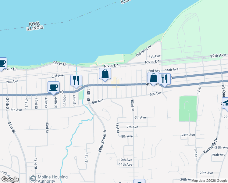 map of restaurants, bars, coffee shops, grocery stores, and more near 418 50th Street in Moline