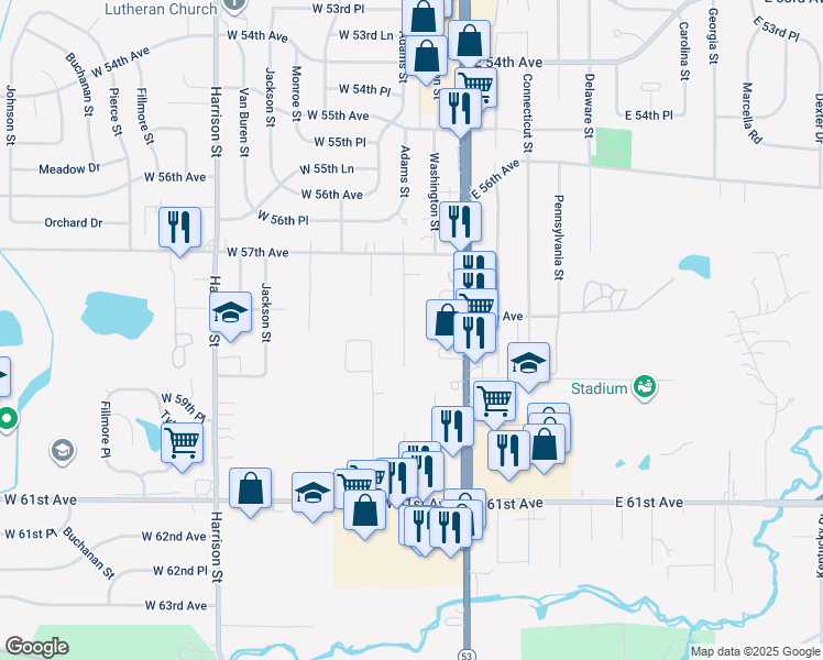 map of restaurants, bars, coffee shops, grocery stores, and more near 5829 Adams Street in Merrillville