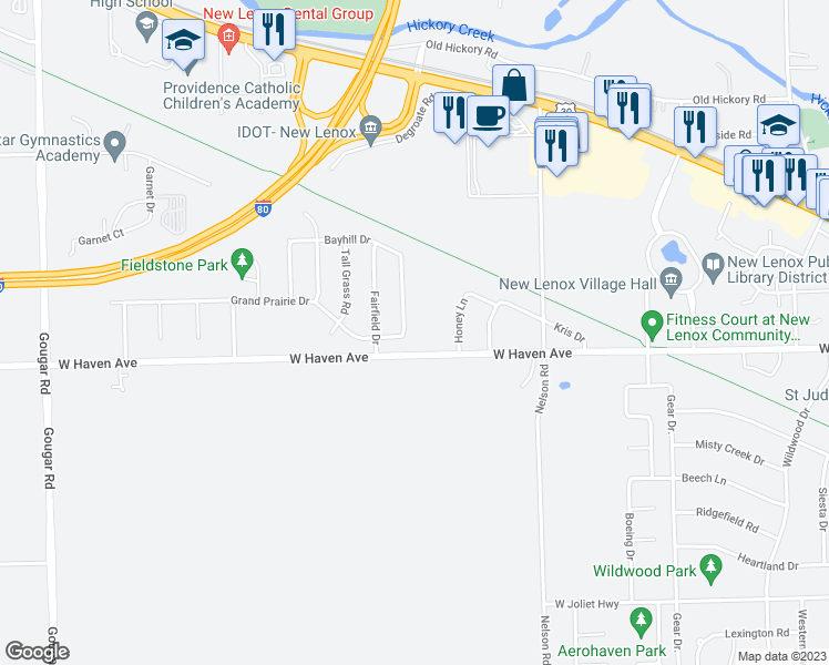 map of restaurants, bars, coffee shops, grocery stores, and more near 40 Whisper Creek Drive in New Lenox
