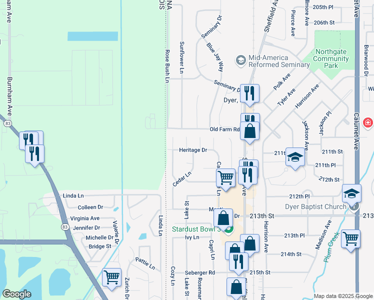 map of restaurants, bars, coffee shops, grocery stores, and more near 49 Heritage Drive in Dyer