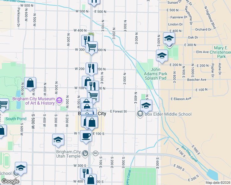 map of restaurants, bars, coffee shops, grocery stores, and more near 86 North 200 East in Brigham City
