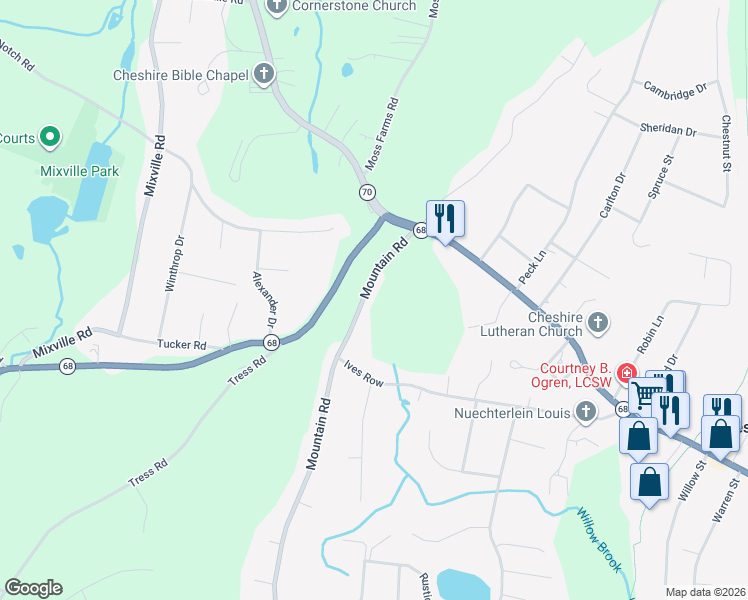 map of restaurants, bars, coffee shops, grocery stores, and more near 56 Mountain Road in Cheshire
