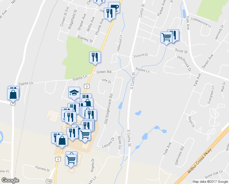 map of restaurants, bars, coffee shops, grocery stores, and more near 82 Old Stagecoach Road in Meriden