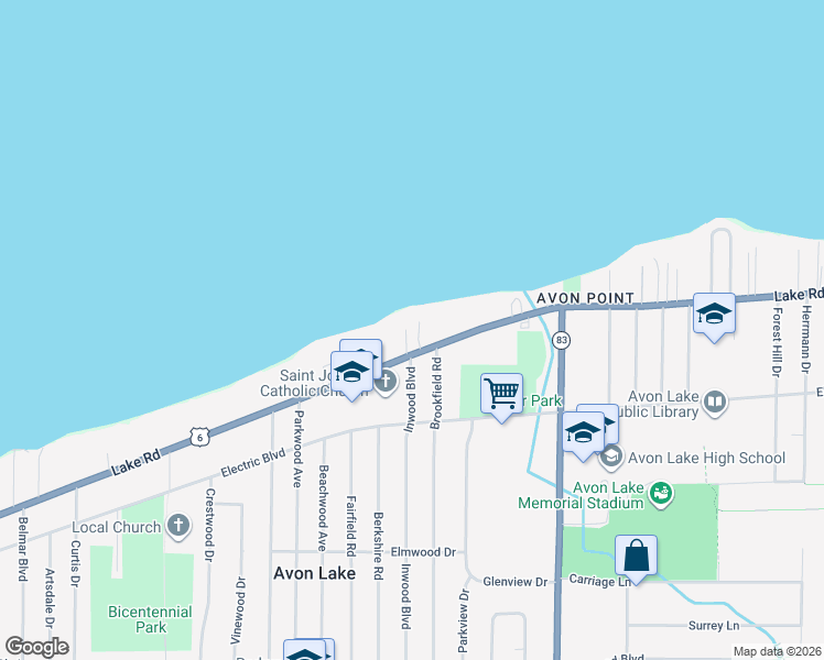 map of restaurants, bars, coffee shops, grocery stores, and more near 32894 Lake Road in Avon Lake