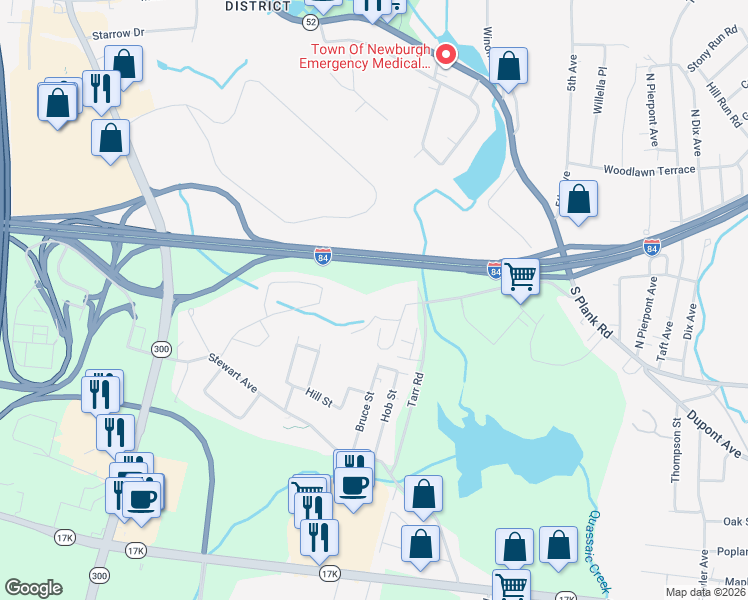 map of restaurants, bars, coffee shops, grocery stores, and more near 178 Brookside Farms Road in Newburgh