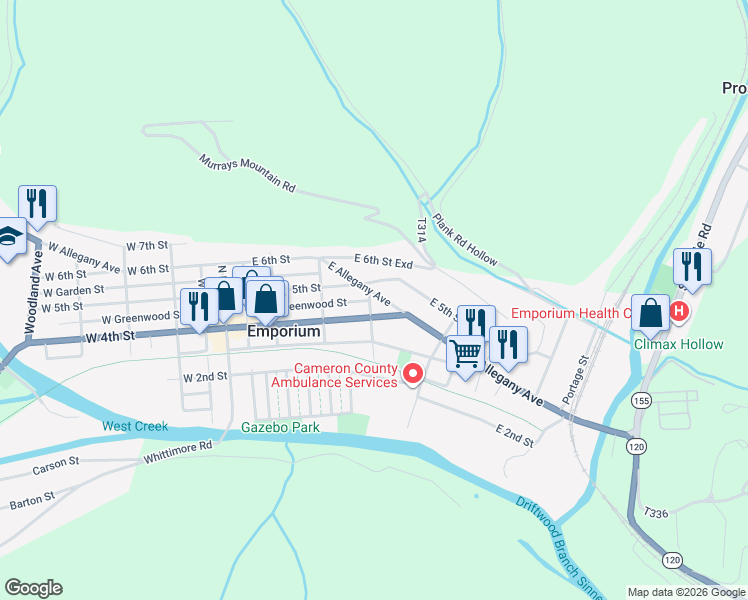 map of restaurants, bars, coffee shops, grocery stores, and more near 304-320 East Allegany Avenue in Emporium
