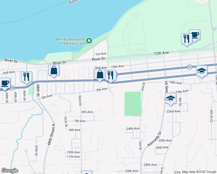 map of restaurants, bars, coffee shops, grocery stores, and more near 1st Street in Moline