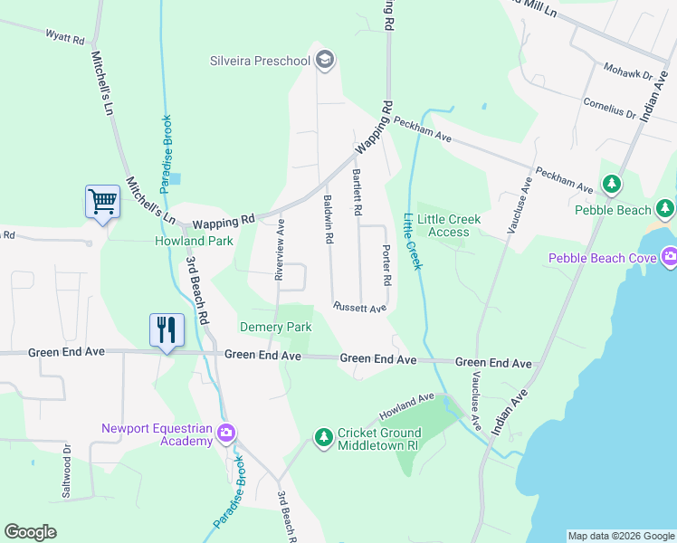 map of restaurants, bars, coffee shops, grocery stores, and more near 18 Baldwin Road in Middletown